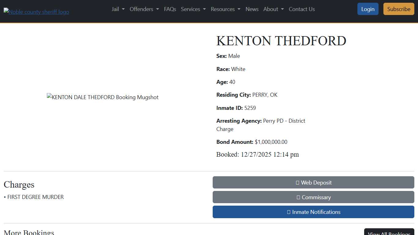 KENTON THEDFORD Booked at the Noble County Jail